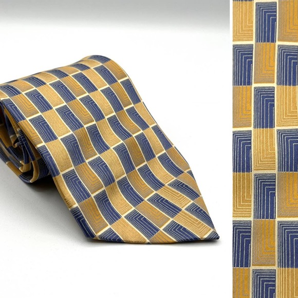 Umberto Bossi Men's Silk Tie 3.75" Rectangle Patterned Necktie Gold Blue EUC! - Picture 1 of 4
